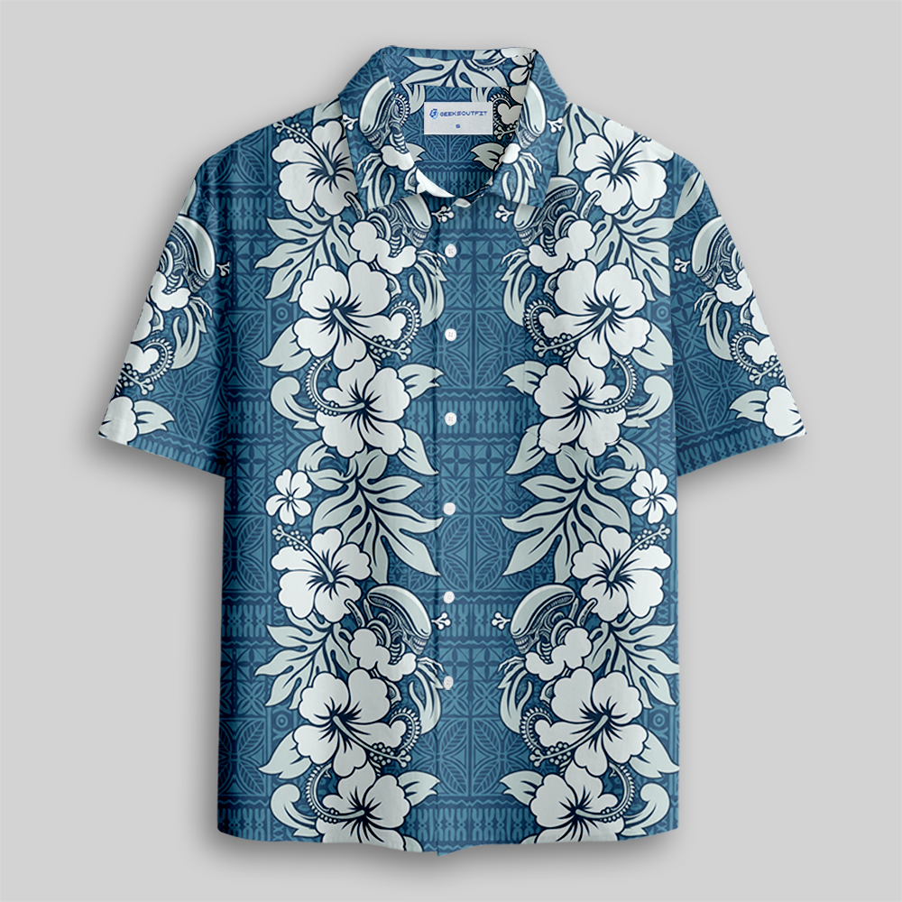 Ocean Blue Sci-Fi Tropical Floral Tribal Print Button Up Pocket Shirt