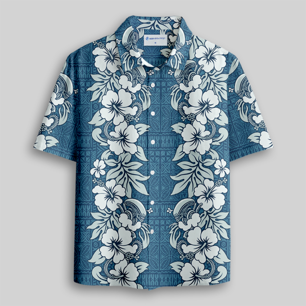 Ocean Blue Sci-Fi Tropical Floral Tribal Print Button Up Pocket Shirt