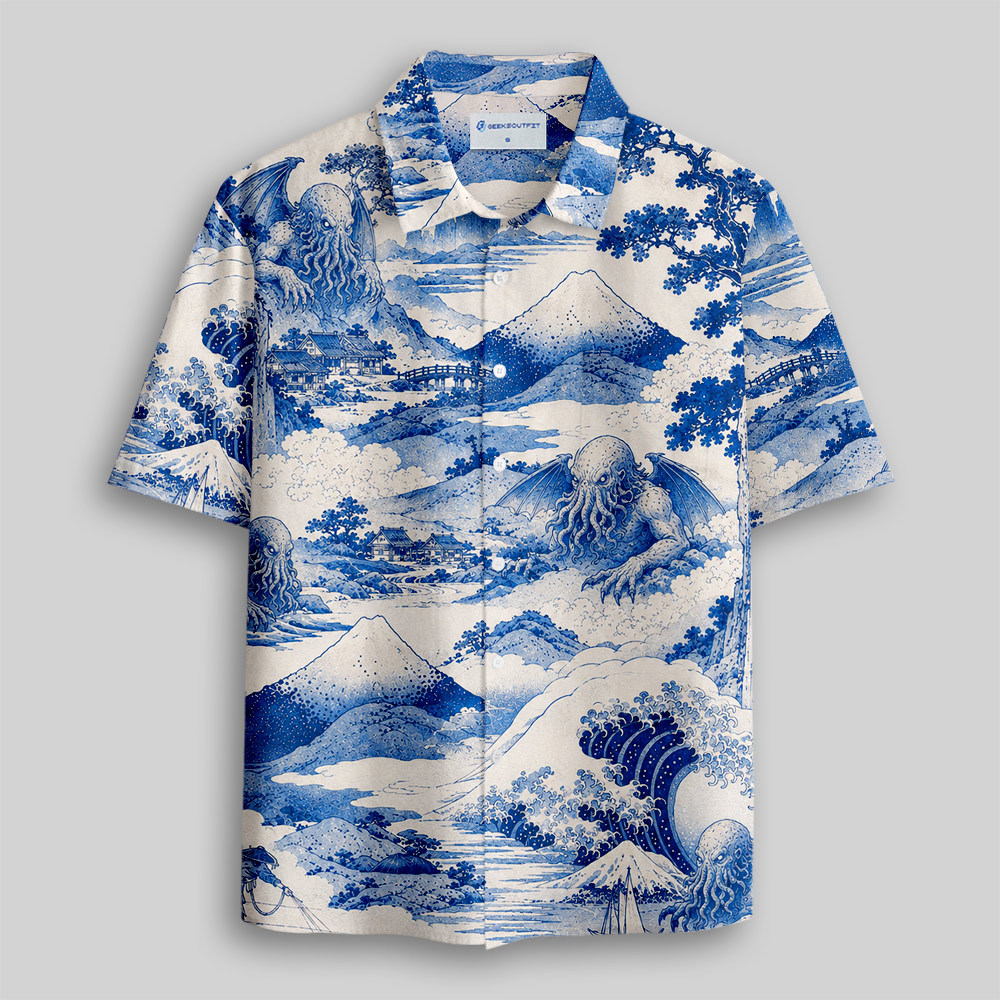 Cthulhu Ukiyo Wave Button Up Pocket Shirt