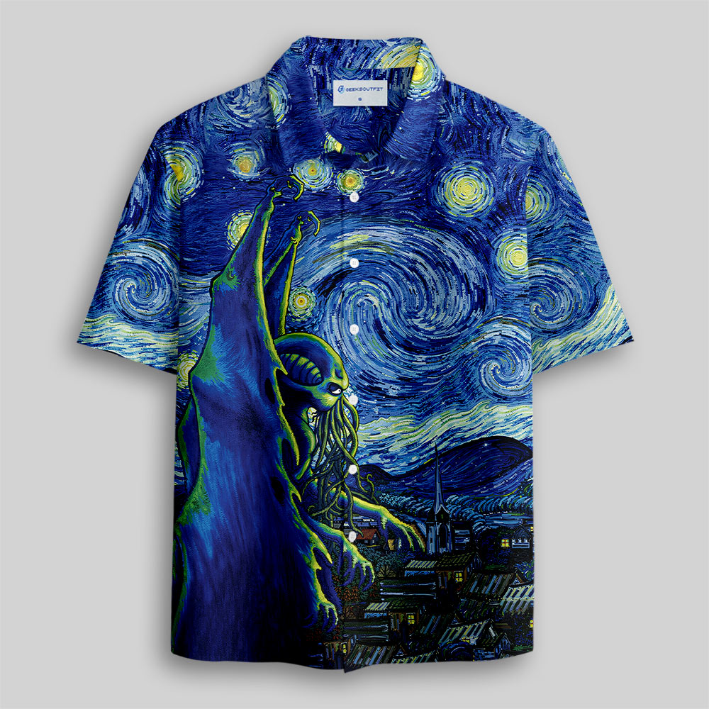 Cthulhu Starry Night Button Up Pocket Shirt