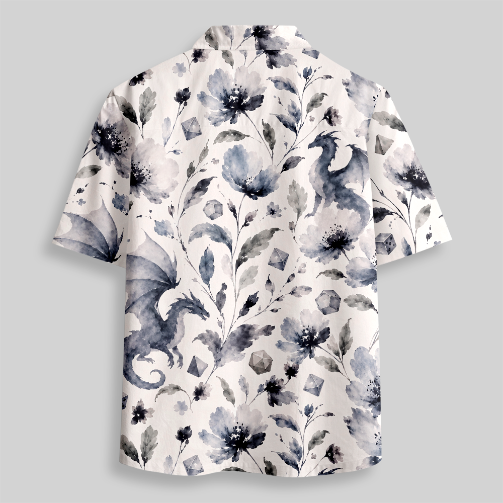 Fantasy Dragon Crystal Flower All‑Over Button Up Pocket Shirt