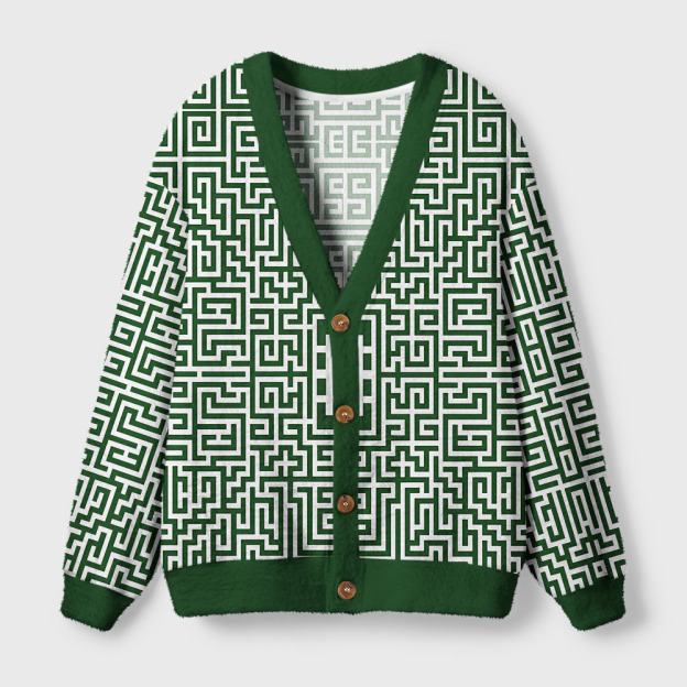 Dark Green Labyrinth Line Art Geek Ugly Cardigan Sweaters