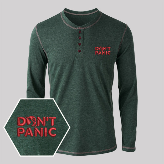 Don't Panic Embroidered Long Sleeve Henley Shirts