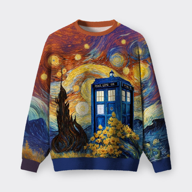 Tardis Time Travel Van Gogh Oil Painting Fuzzy Fleece Sweatshirt
