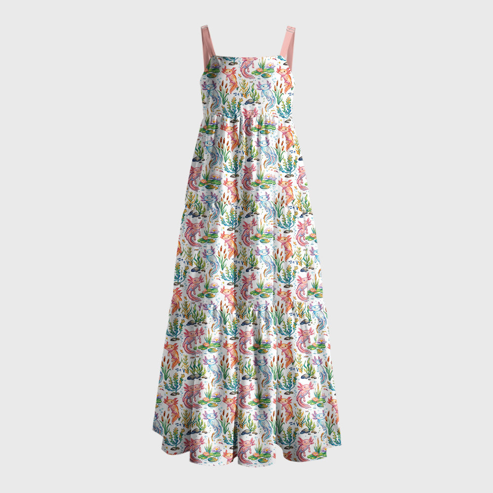 Bright White Axolotl Pond Life Geek Tiered Cami Maxi Dress