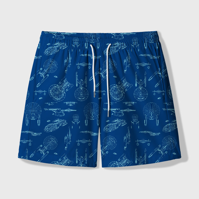 Spaceship Line Drawing Geek Hawaiian Swim Trunks