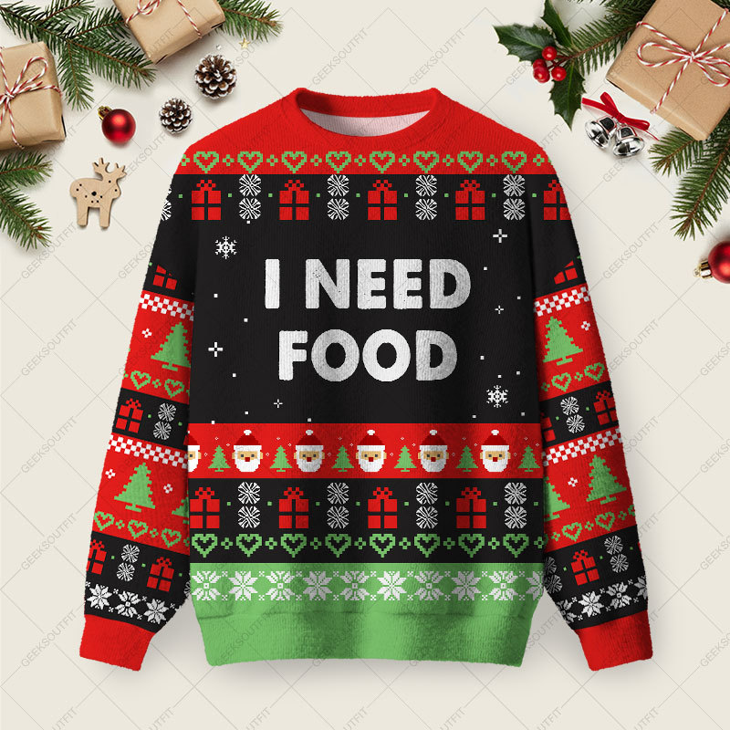Geeksoutfit I Need Food Ugly Christmas Fuzzy Fleece Sweatshirt for Sale