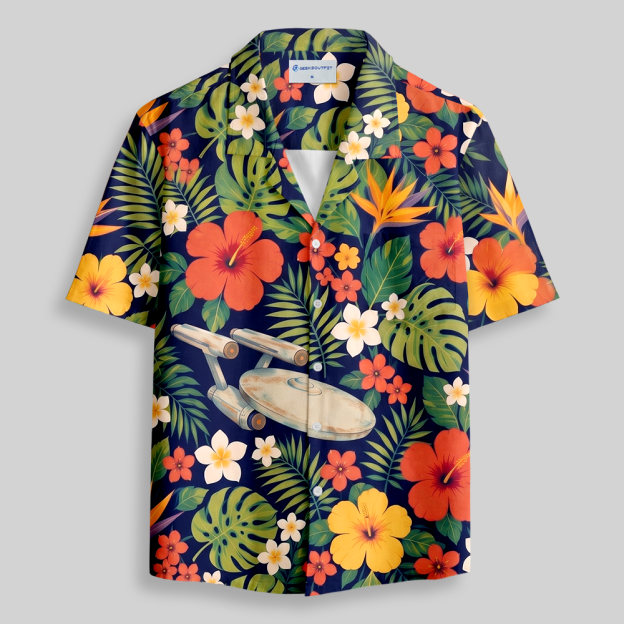 Alien Vacation Flying Saucer Tropical Button Up Pocket Shirt