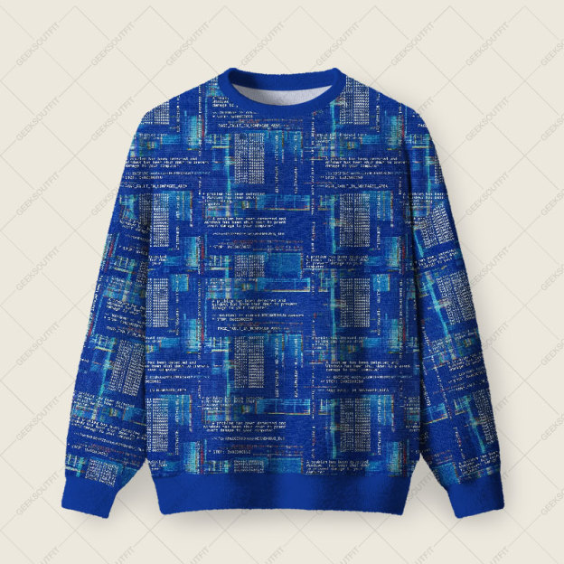 Blue Cyber Code Pattern Ugly Christmas Fuzzy Fleece Sweatshirt