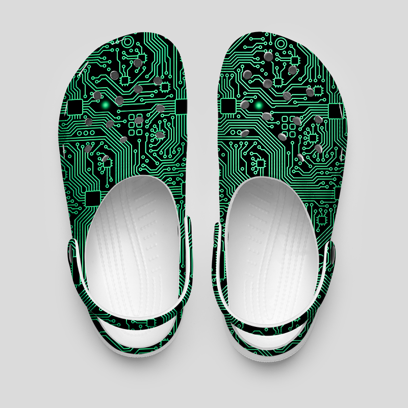 Computer Circuit Board Green Geek Rubber Clogs