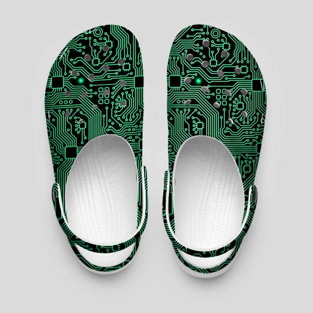 Computer Circuit Board Green Geek Rubber Clogs