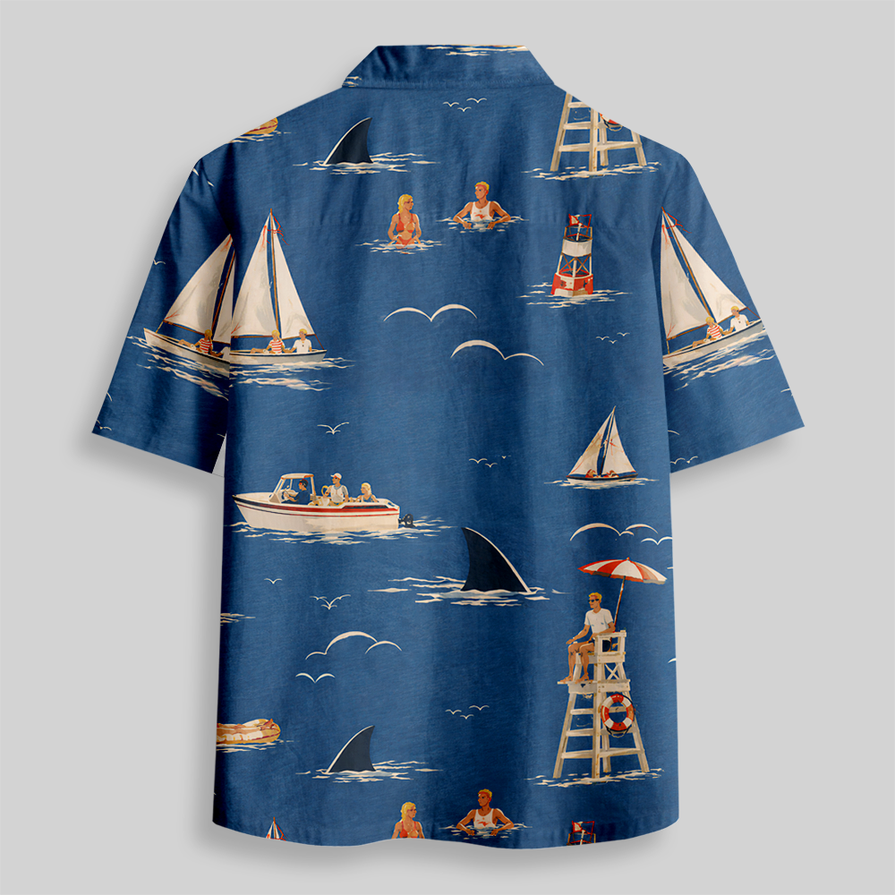 Dark Humor Retro Seaside Hidden Shark Button Up Pocket Shirt