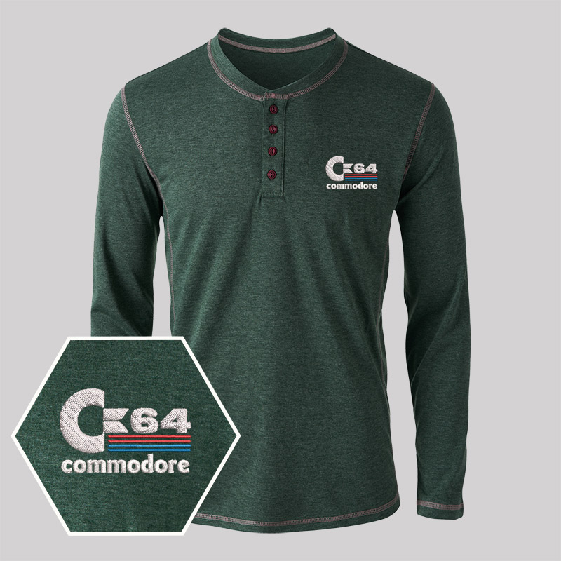 C64 Embroidered Long Sleeve Henley Shirts