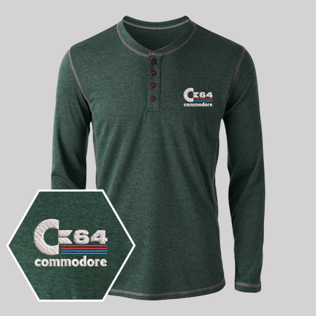 C64 Embroidered Long Sleeve Henley Shirts