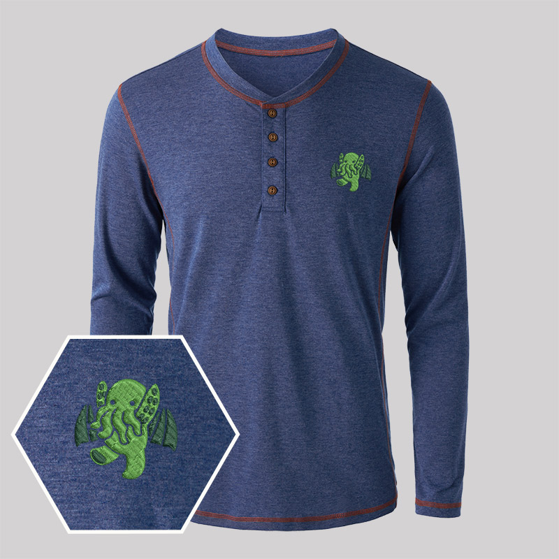Cthulhu Geek Embroidered Long Sleeve Henley Shirts