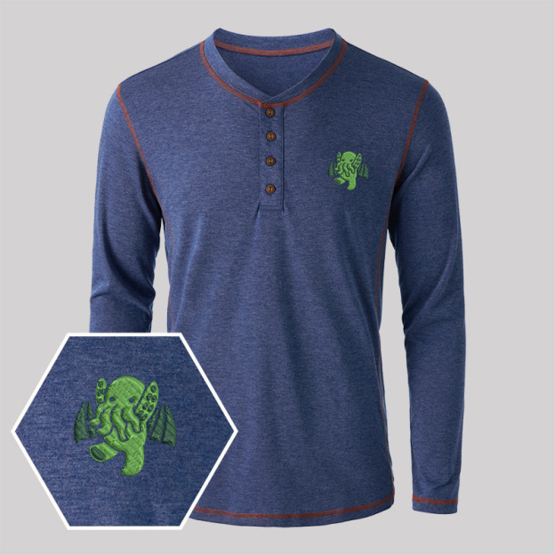 Cthulhu Geek Embroidered Long Sleeve Henley Shirts