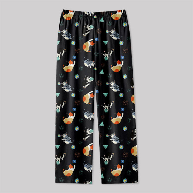 Feline Fun with DnD Dice Black Geek Loungewear Pants