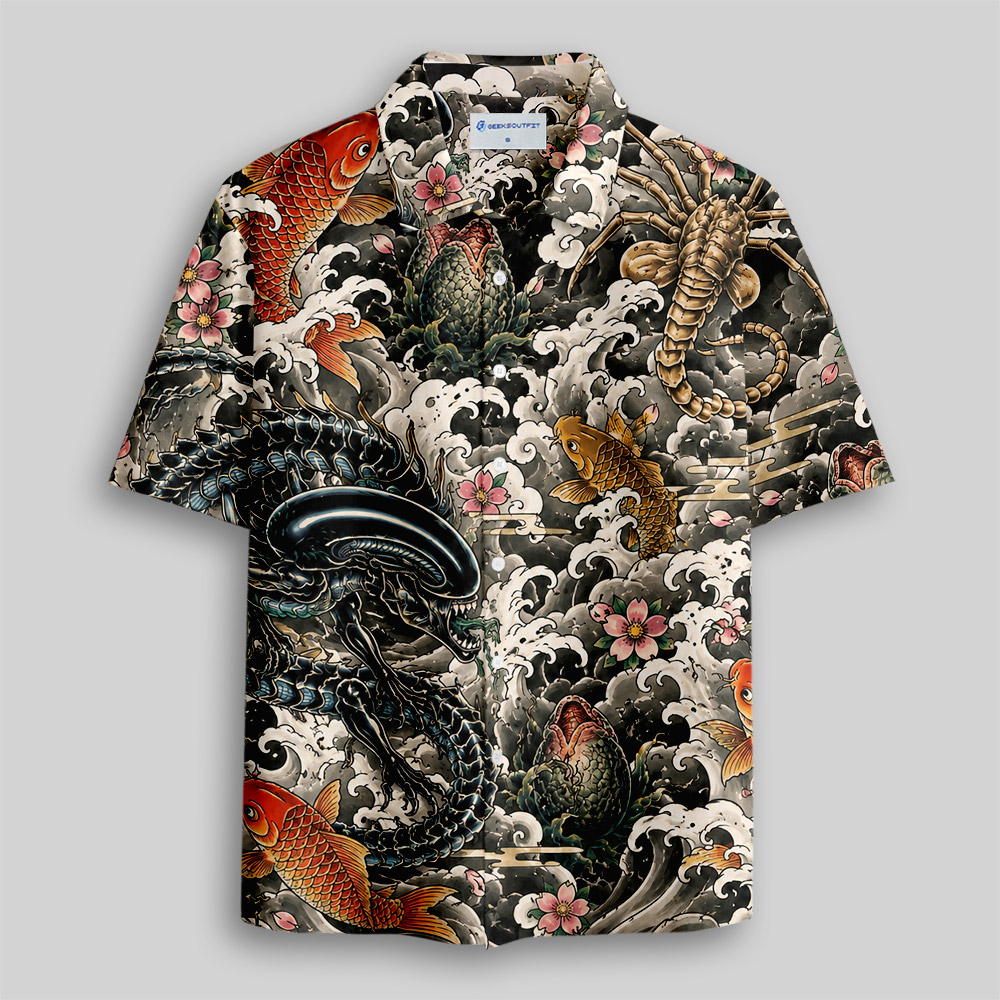 Vintage Ukiyo-e Style Sci-Fi Parasite Larva Sakura Button Up Pocket Shirt