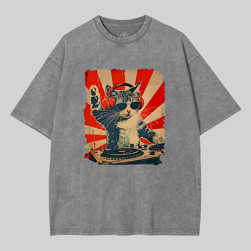 Rock Music Cat Vintage Geek Washed T-shirt