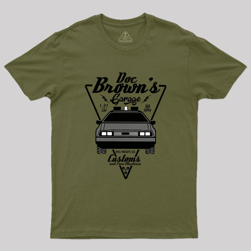 Doc Brown's Garage Customs And Time Machines Hill Valley Geek T-Shirt