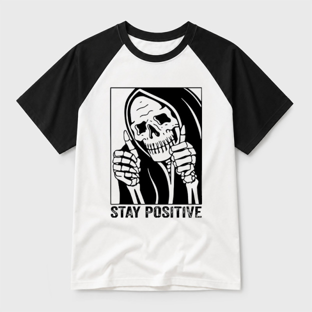 Skull Stay Positive Skeleton Geek Retro Raglan T-Shirt