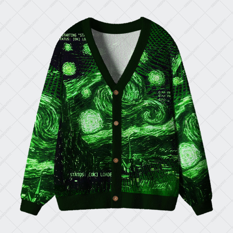 Green Starry Night Geek Ugly Cardigan Sweaters 