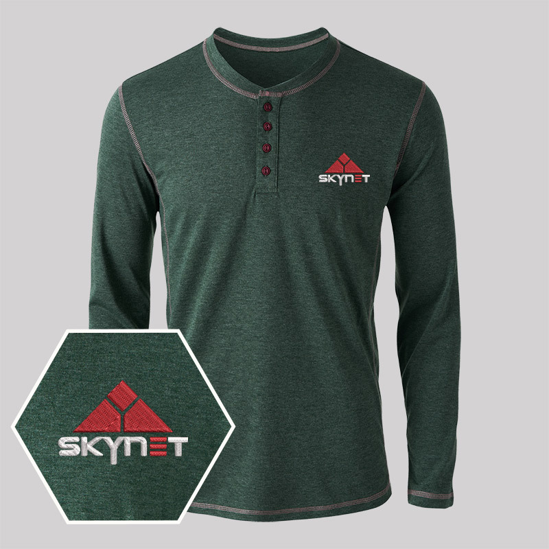 Skynet Core Geek Embroidered Long Sleeve Henley Shirts