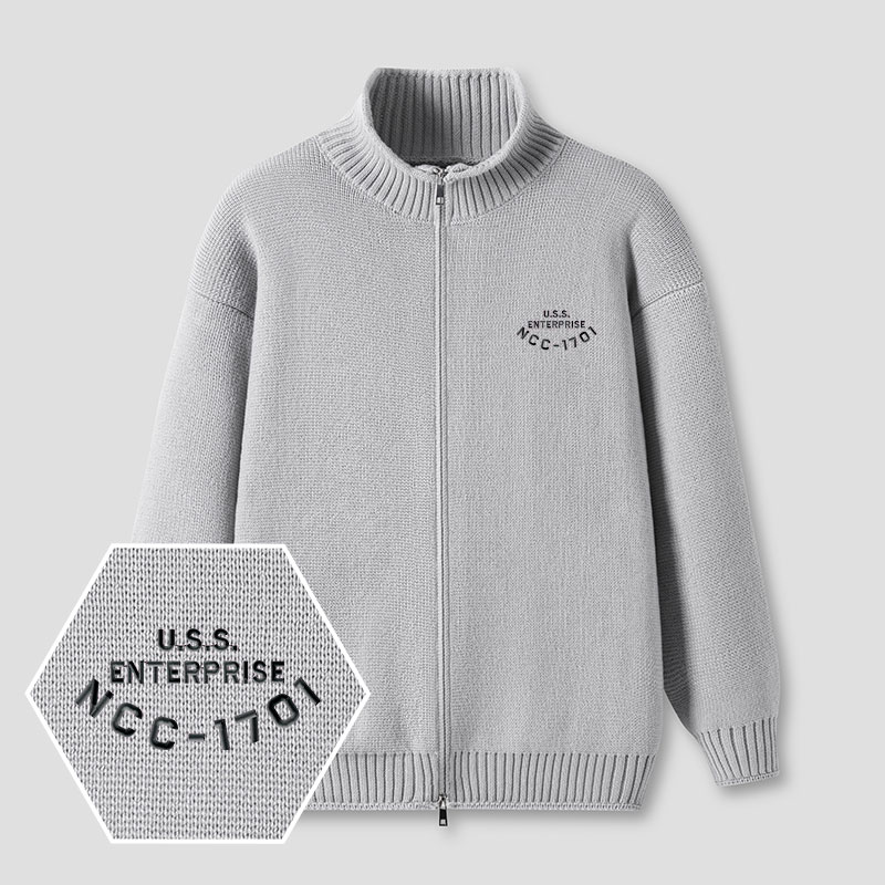 Scifi Spacecraft Embroidered Full‑Zip Cardigan