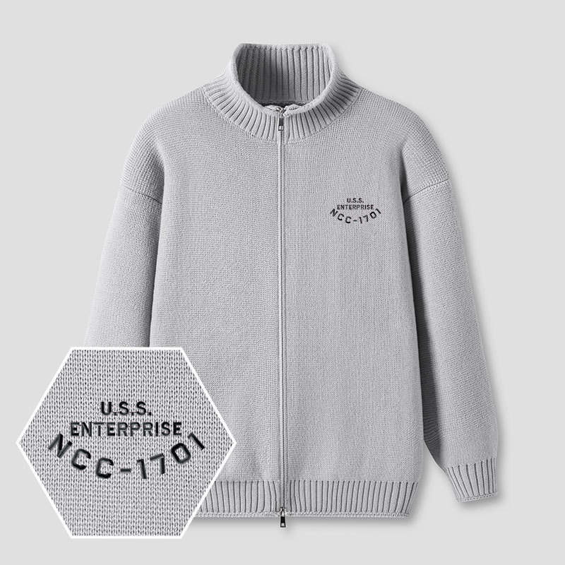 Scifi Spacecraft Embroidered Full‑Zip Cardigan