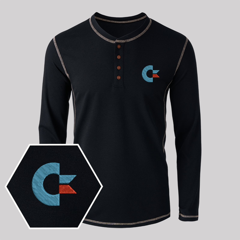 Commodore Geek Embroidered Long Sleeve Henley Shirts