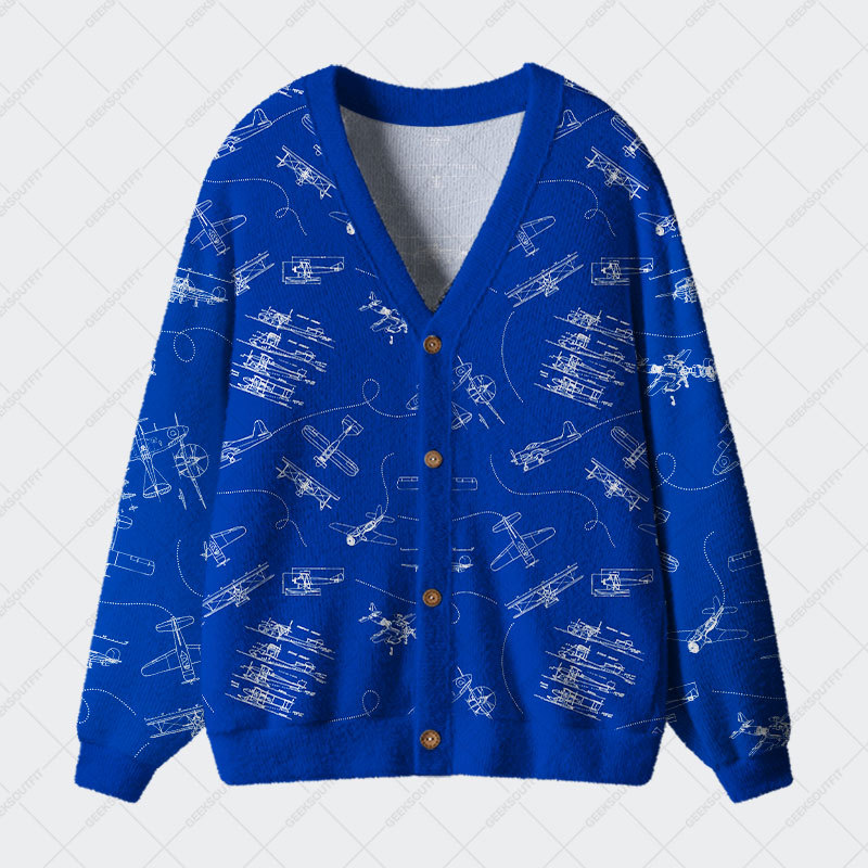 Geeksoutfit Aircraft Blueprint Geek Ugly Cardigan Sweaters for Sale