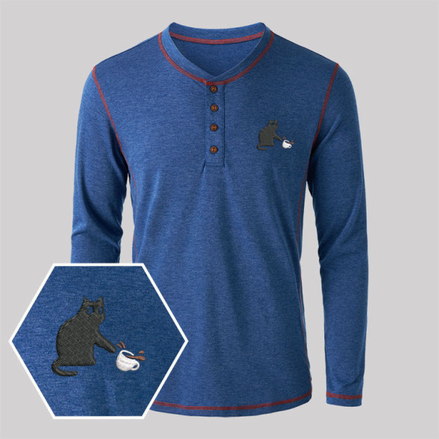 Playful Cat Embroidered Long Sleeve Henley Shirts