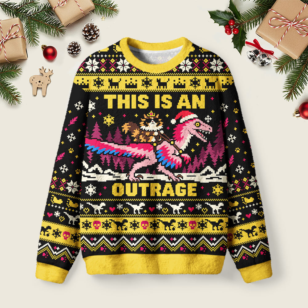 Funny Dino Rider Holiday Ugly Christmas Fuzzy Fleece Sweatshirt