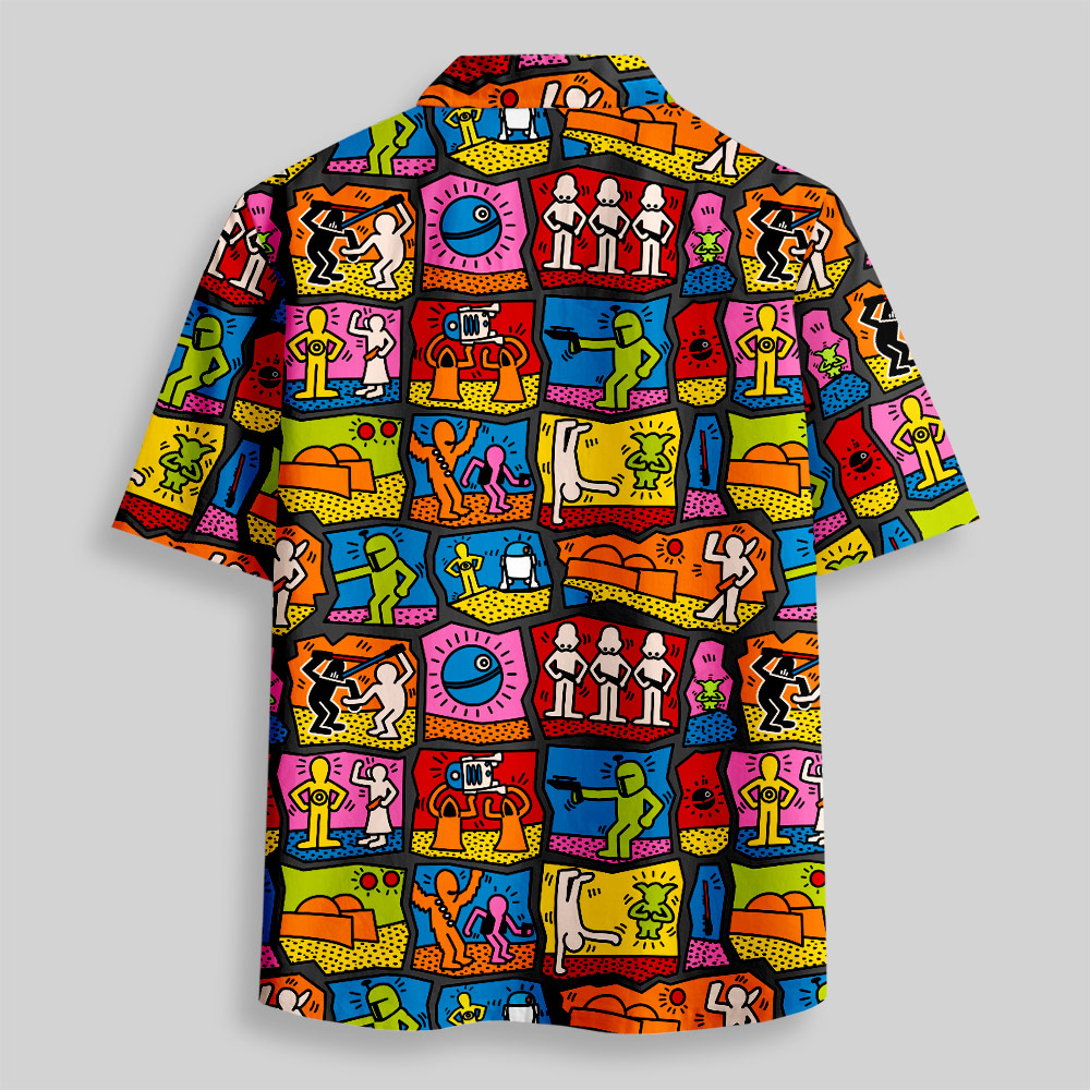 Twin Suns & Galaxy Panels Pop Art Button Up Pocket Shirt