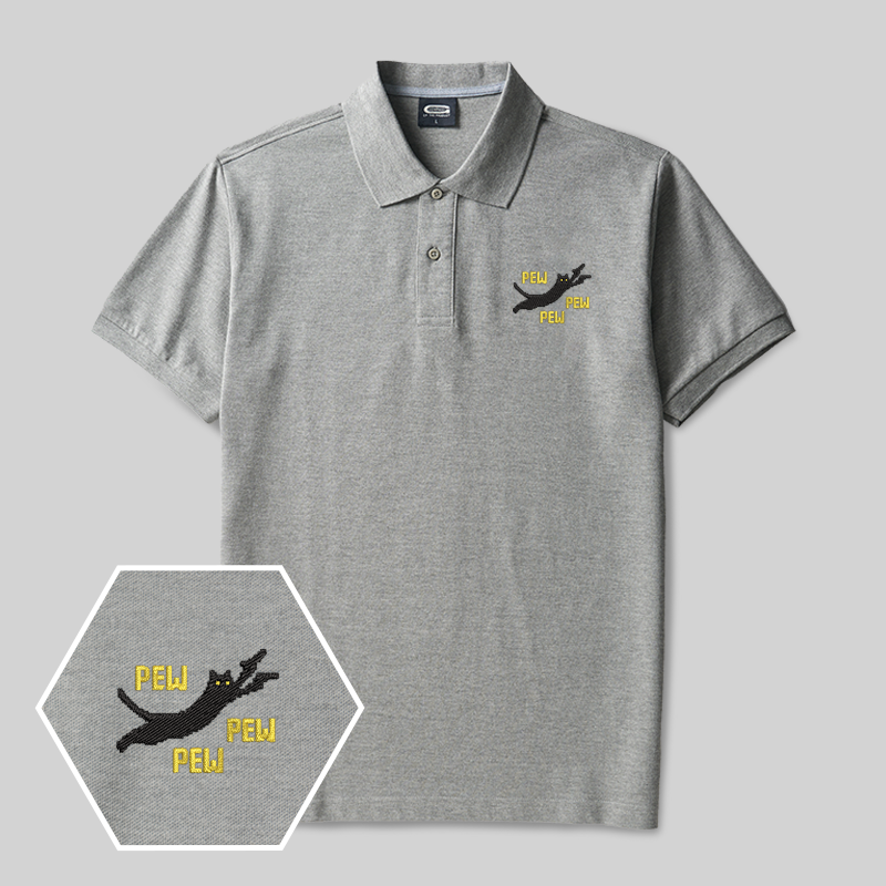 Pew Pew Pew Cat Geek Embroidered Polo Shirts