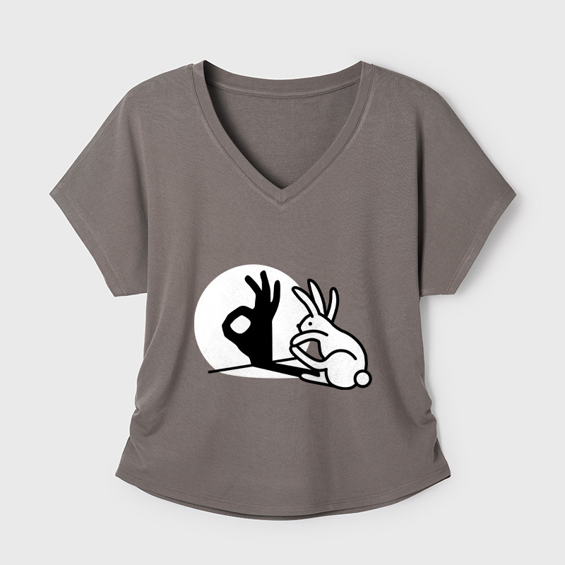Funny Bunny OK Hand Shadow Geek Dolman Sleeve V-Neck Shirt