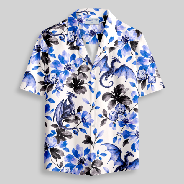 Watercolor Floral Dragon Polyhedral Dice Button Up Pocket Shirt