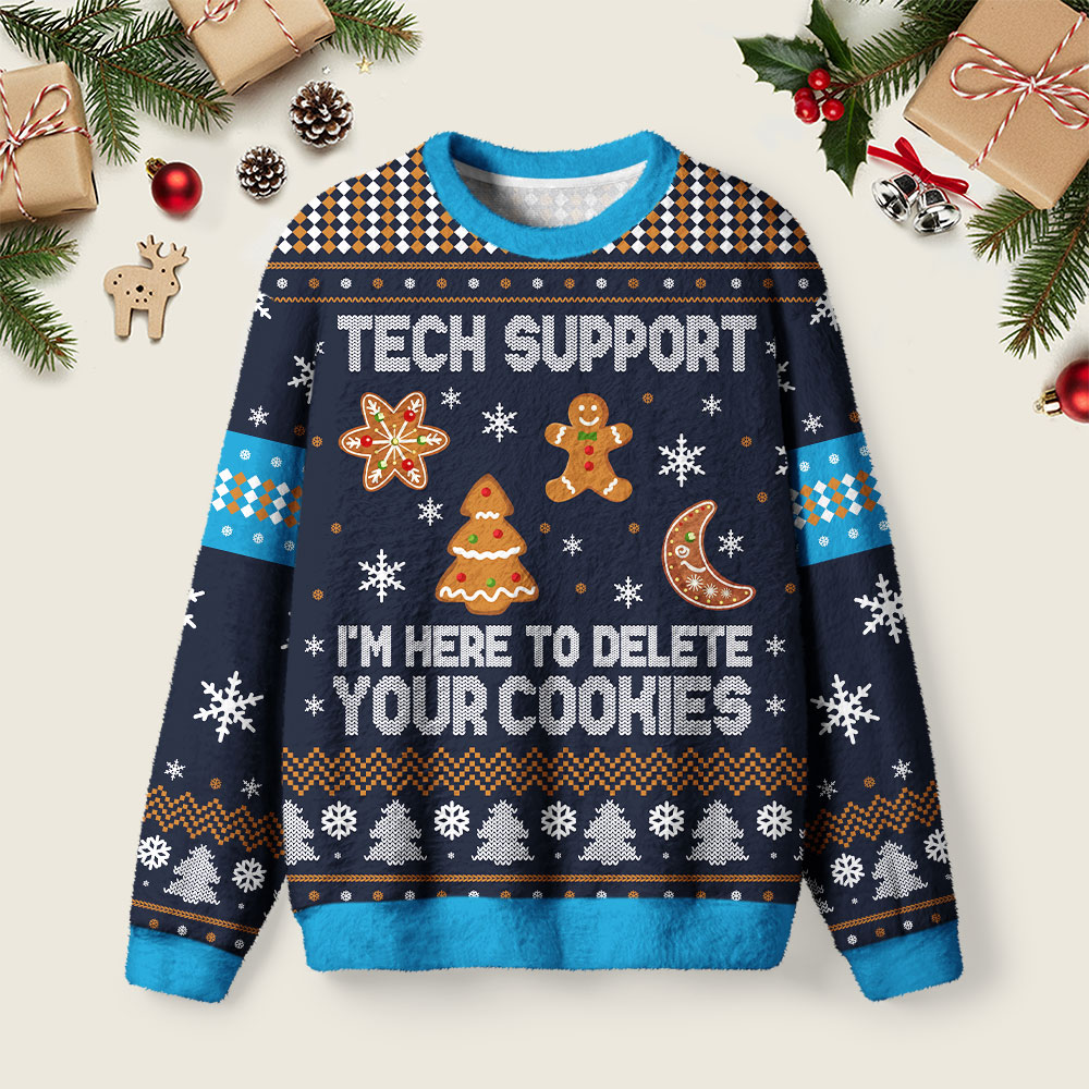 Tech Support Computer Programmer Blue Ugly Christmas Fuzzy Fleece Sweatshirt