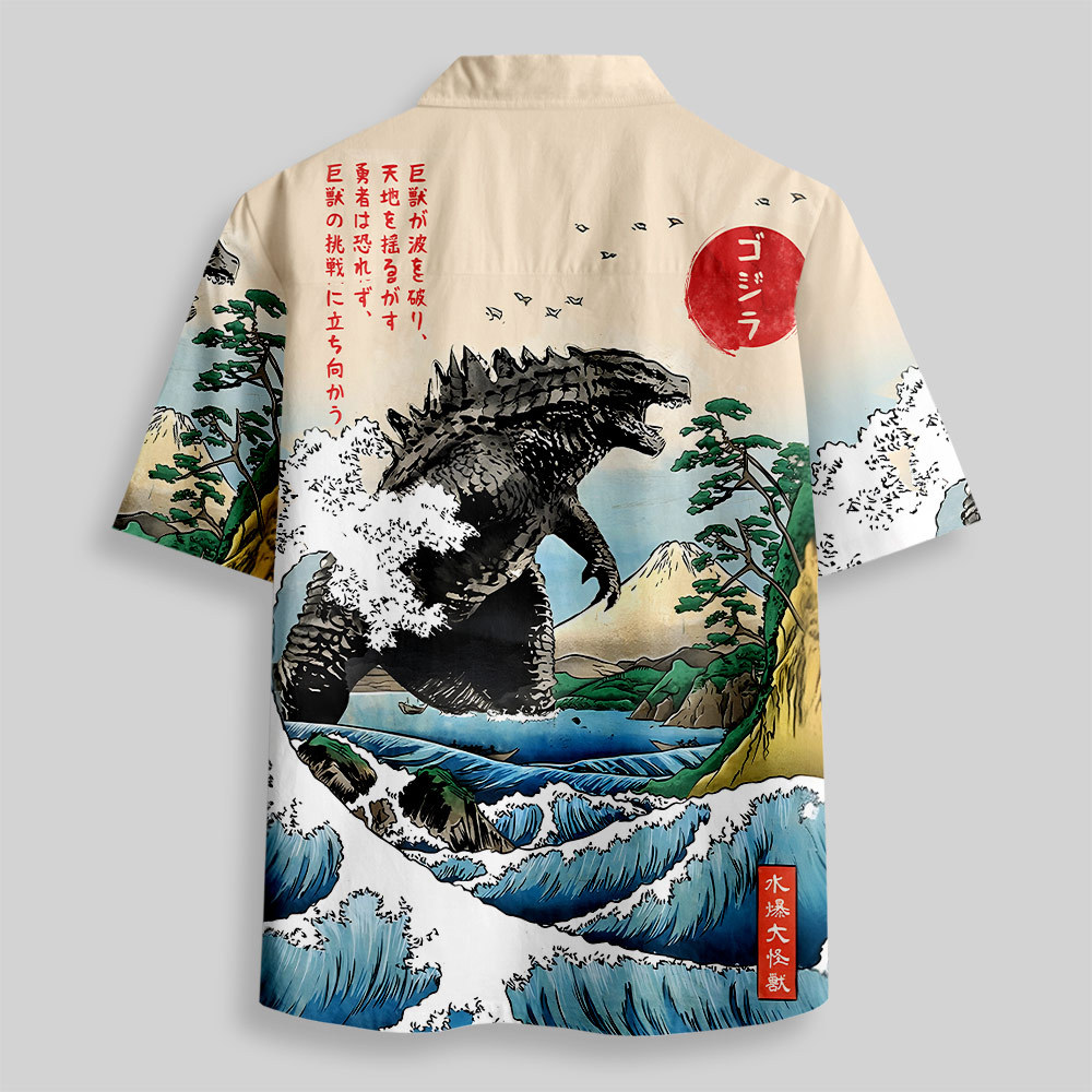 Dinosaur Ukiyo-e Button Up Pocket Shirt
