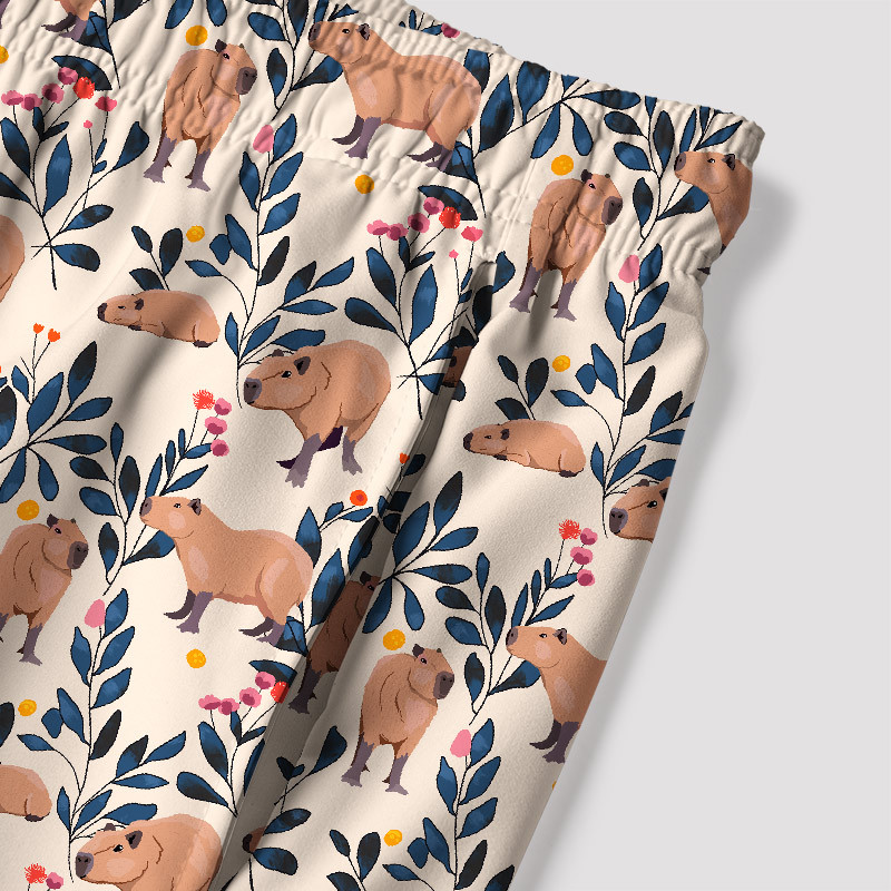 Capybara and Plants Geek Hawaiian Swim Trunks