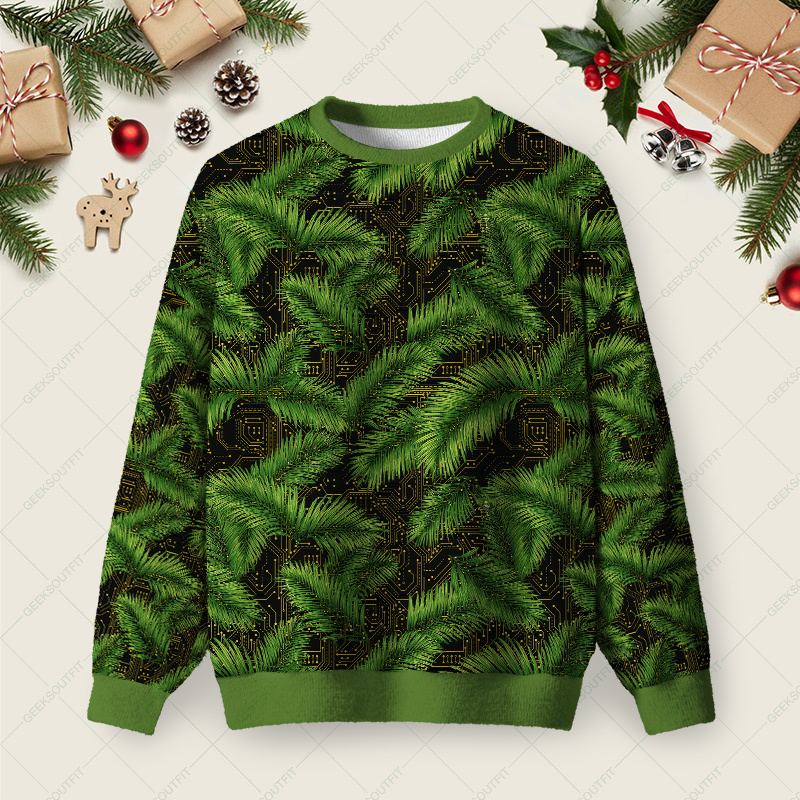 Geeksoutfit Palm Leaf Circuit Board Ugly Christmas Fuzzy Fleece Sweatshirt for Sale