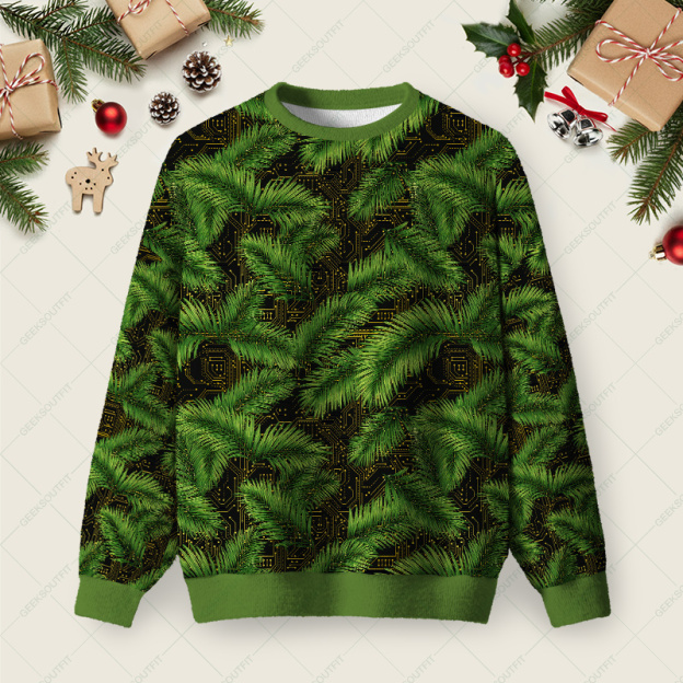 Palm Leaf Circuit Board Ugly Christmas Fuzzy Fleece Sweatshirt