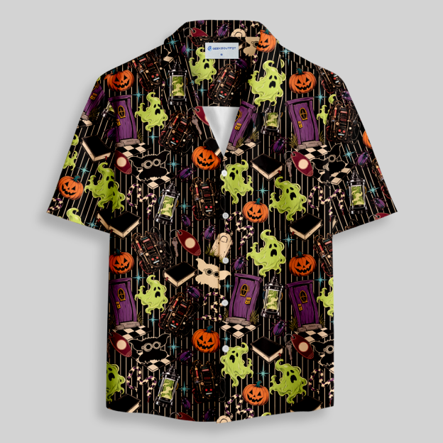 Gothic Halloween Spooky Curiosities Button Up Pocket Shirt