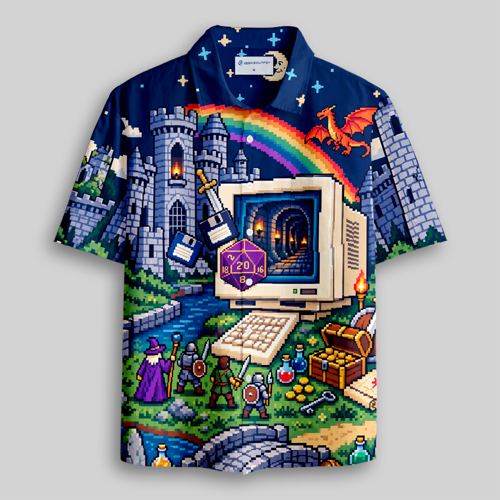 Pixel Fantasy Adventure Nerd Art Button Up Pocket Shirt