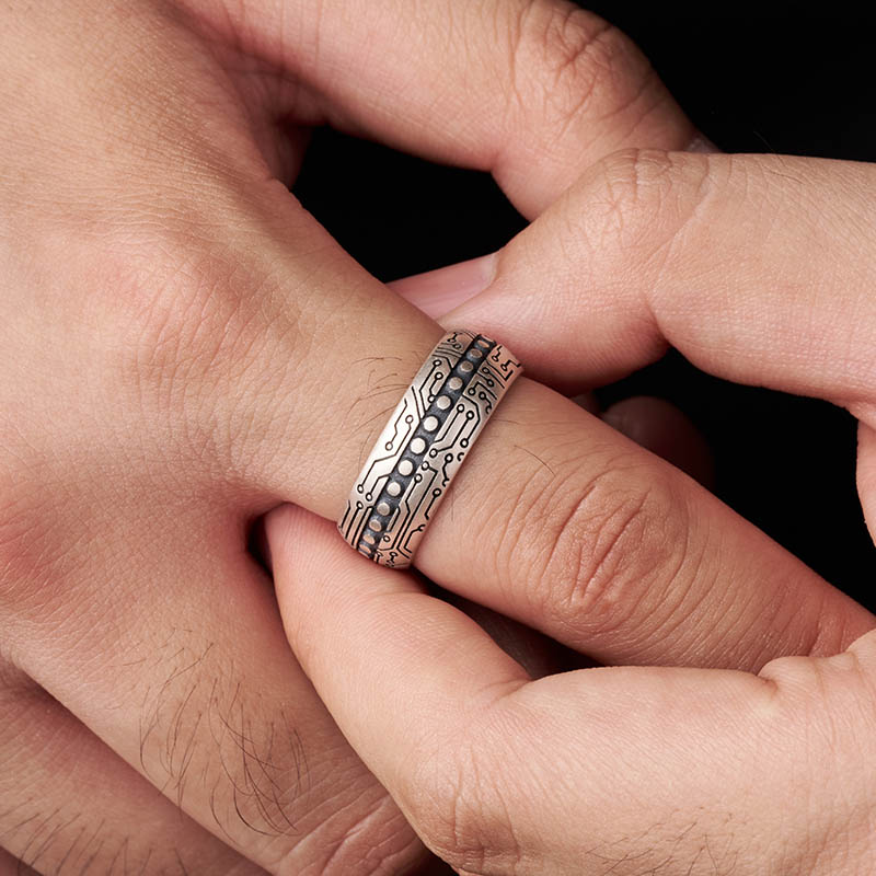 Circuit Board Technology Geek Silver Band Ring