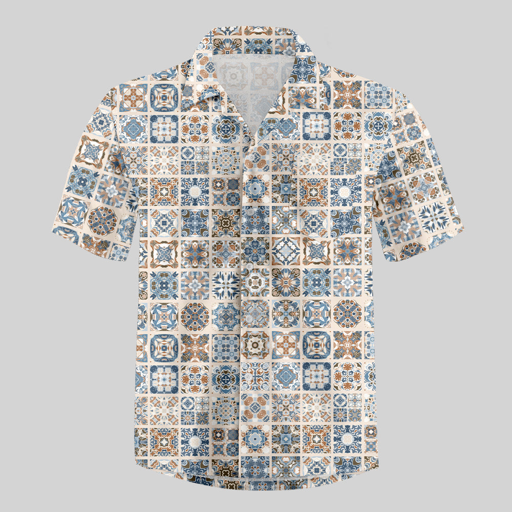 Portuguese Retro Tile Pattern Button Up Pocket Shirt