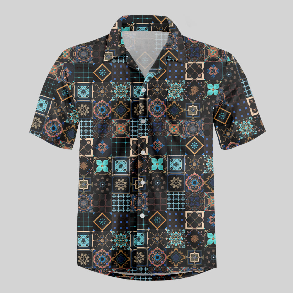 Portuguese Retro Tile Pattern Button Up Pocket Shirt