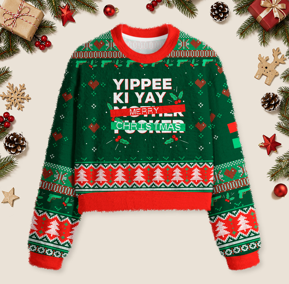 Yippee Ki Yay Merry Christmas Geek Women's Christmas Cropped Ugly Sweater