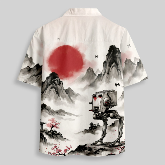 Red Sun Ink Wash Mechanical Robot Button Up Pocket Shirt