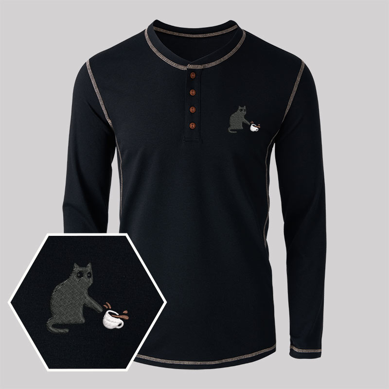 Playful Cat Embroidered Long Sleeve Henley Shirts